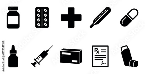 Set of black medical icons representing various pharmacy and healthcare items like pills, a syringe, a thermometer, and a prescription in a minimalist glyph style