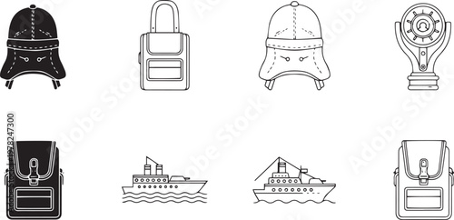 Collection of black and white line featuring hats bags ships and a telescope backpack