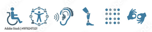 Set of blue disability and inclusion icons showing a wheelchair, hearing aid, prosthetic leg, braille, and sign language symbols for diverse accessibility concepts in a clean design