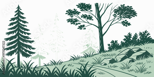 Vector graphic illustration of a forest path leading through pine trees and rocks in a natural outdoor landscape with landscape woodland wilderness illustration evergreen botanical