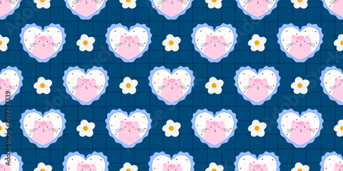 Spring kawaii seamless with pattern patchwork frame for cute flower cat. Floral plaid blue with cottagecore gingham pink for wallpaper color checkerboard. Heart collage spring with coquette.