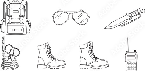 Line collection of outdoor adventure and military gear including backpack boots dog tags knife sunglasses and radio