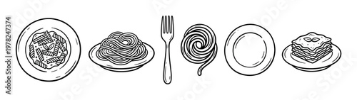 Italian food elements including various pasta dishes, a fork, and an empty plate are presented in a charming hand-drawn doodle style.