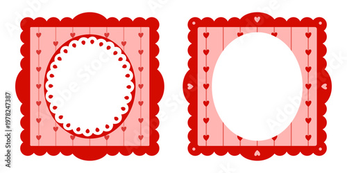 Border vector template with lace kawaii frame for trendy valentine set. Cute paper photo with rectangle square greeting for writing style hand. Girly simple border with coquette lace scrapbook