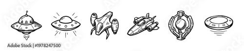 Various alien spacecraft, flying saucers, and futuristic ships are depicted in a hand-drawn doodle style, perfect for sci-fi themes and cosmic adventures.