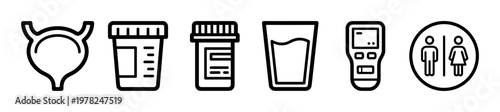 Collection of black line art icons for medical and urology themes, showing a bladder, urine test, medicine bottle, water glass, glucometer, and a toilet sign in a simple graphic design