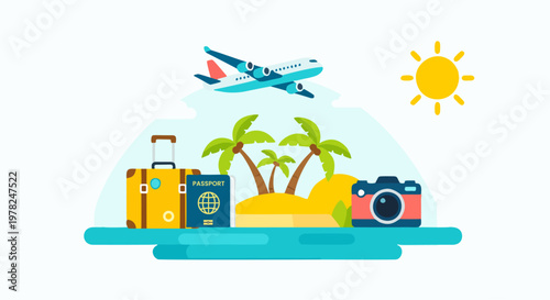 Travel and vacation concept illustration with airplane, tropical island, suitcase, passport, and camera, flat vector design for summer holiday booking and tourism agencies.