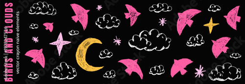 Crayon birds and cloud set on black with pink fly and golden moon. Chalk bird in crayon ink doodle for night poster or print. Vector scribble dove in quirky childish sketch and drawn art isolated.