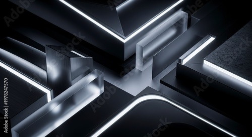 Abstract geometric shapes with neon lights, modern design.