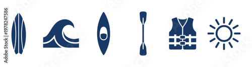 Set of blue water sports icons including a surfboard, wave, kayak, paddle, life vest, and sun in a flat minimalist design style for summer vacation themes