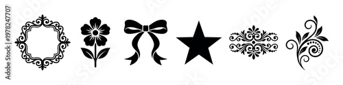 Set of black decorative silhouette elements including an ornate frame, flower, bow, star, and floral flourishes for graphic design and scrapbooking