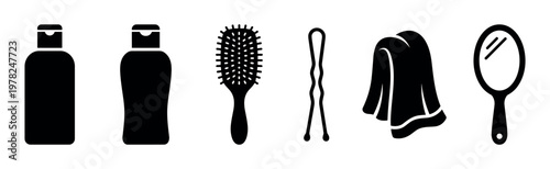 Set of black hair care and beauty icons including shampoo bottles, a brush, hairpin, towel, and mirror for personal grooming, presented in a minimalist graphic style