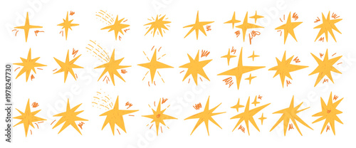 Hand drawn crayon stars falling. Yellow pastel twinkles spark set. Pencil brush scribble magic twinkles collection. Kids starburst sticker blinks. Christmas decoration. Vector asterisk isolated no bg.