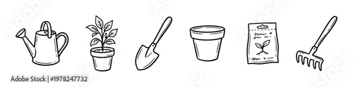 Gardening tools and supplies collection featuring various items for planting, cultivating, and nurturing plants, presented in a charming hand-drawn style.