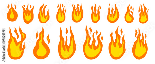 Fire flames kids collage icons. Doodle applique flame icons paper cutout set. Bonfire stickers for scrapbook design. Simple spicy or hot symbol shapes. Vector naive punk rock element no background.