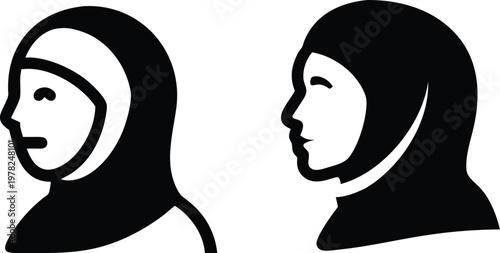 Muslim woman headscarf hijab avatar profile vector icon black silhouette on transparent background.