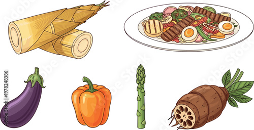 Assorted food and vegetable illustration set with bamboo shoots eggplant pepper asparagus lotus root and gourmet dish vector collection