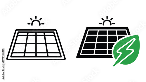 Vector illustration of solar panels with sun and green leaf symbolizing renewable energy sources and eco friendly power generation