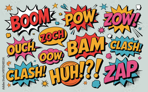 Comic book words and phrases create a dynamic explosion scene, expression clip arts, vintage