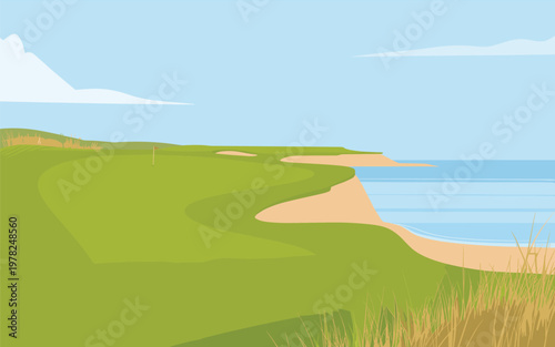 Golfers enjoy a serene game on a sunny coastal course with sand dunes.