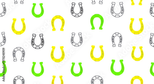 Lucky Horseshoe Pattern: Green, Yellow, and Sketch Designs on White Background
