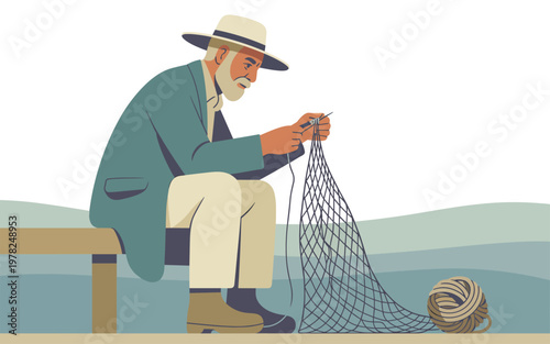 Elderly man sitting on a bench repairing a fishing net outdoors