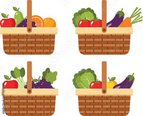 Flat vector grocery basket collection filled with fresh fruits and vegetables healthy organic food shopping illustration isolated on light background set