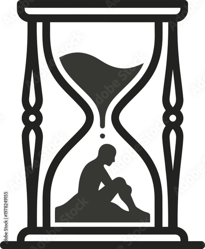 Symbolic hourglass with silhouette of a person sitting in sand representing the passage of time urgency waiting and the finite nature of life rendered in a minimalist graphic style with a clean