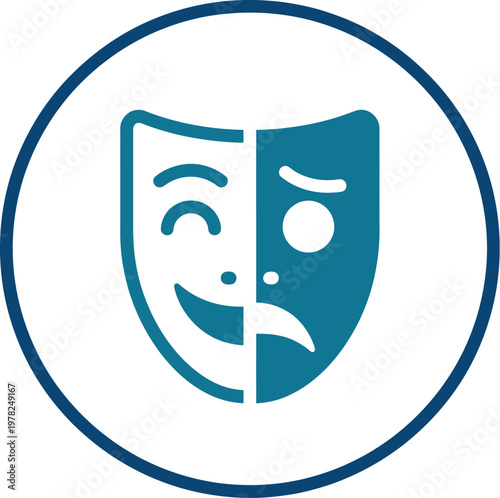 Dual personality concept icon featuring a split face mask with happy and sad expressions in a minimalist blue circular graphic design style for representing bipolar mood swings or dramatic theater