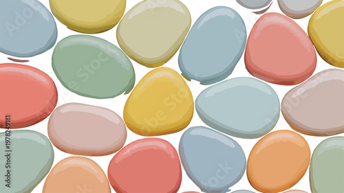 Seamless pastel pebble pattern with smooth river stones in soft colors featuring organic shapes and glossy texture