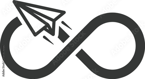 Paper airplane soaring endlessly through a stylized infinity loop symbol representing continuous journey boundless imagination infinite possibilities and perpetual motion in a minimalist graphic