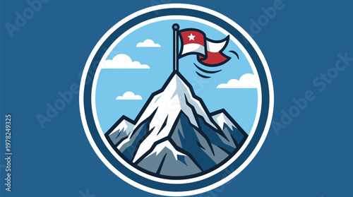 Triumphant flag planted atop a snow capped mountain peak symbolizing achievement success and reaching the summit of ambition against a backdrop of stylized clouds and a clear blue sky