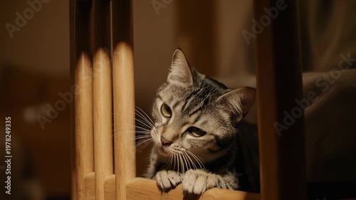 Close-up of a tabby cat resting its head on a wooden chair, eyes closed, cozy indoor setting