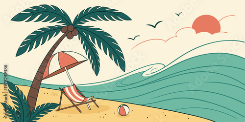 Summer beach scene illustration with palm tree sun lounger and ocean waves vacation seascape tropical paradise umbrella deckchair background illustration adventure sunshine