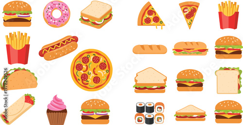 Colorful fast food vector collection featuring burgers, pizza, fries, hot dog, sushi, sandwich, donut, taco and desserts isolated on clean background