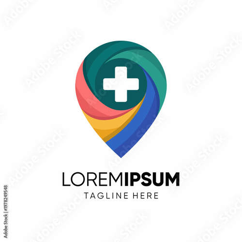 This vibrant location pin logo features medical symbols, representing health and accessibility, perfect for clinics or health apps that want to convey vibrant positivity.