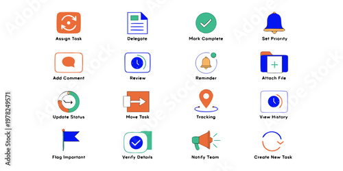 Set of flat icons for task management and workflow processes with assign task mark complete set priority add comment attach file update status move task flag important delegate