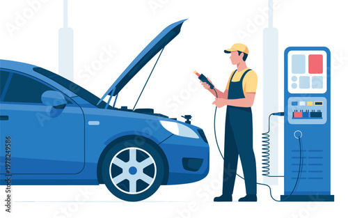 Mechanic checks car engine with diagnostic tool in repair shop