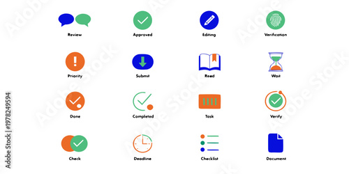 Collection of flat icons representing review approval task completion with document management flat design approved verification priority completed deadline checklist document