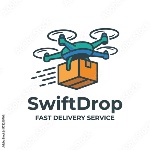 The image shows a sleek drone delivering a package, emphasizing speed and modern technology in the logistics industry, suitable for branding delivery services or e-commerce.