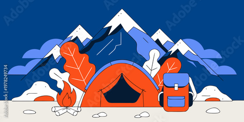 Camping in mountain nature landscape illustration with mountains backpack adventure landscape vacation wilderness exploration lifestyle recreation climbing equipment activity