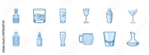 Spirits Bottles and Glassware Line Art