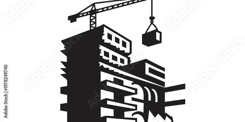 High rise building under construction with crane icon construction building architecture industry development silhouette engineering structure skyscrapers blueprint business