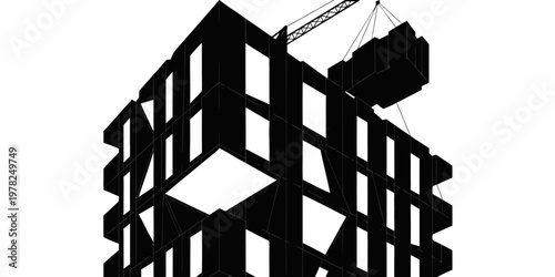 Modern building under construction silhouette with construction building architecture industry development silhouette engineering structure skyscrapers blueprint contractor