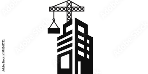 Tower crane lifting material to modern building with construction building architecture industry development silhouette engineering structure skyscrapers blueprint contractor