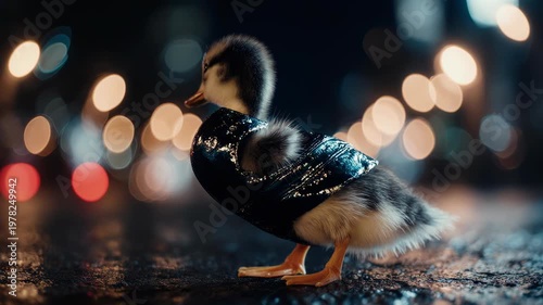 A baby duck with black and yellow downy feathers, wading on a wet road at night with blurred lights