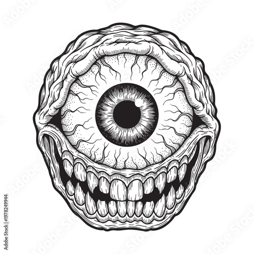 Grotesque Monster Eyeball with Teeth and Open Mouth Horror Creature Creepy Surreal Vector Illustration