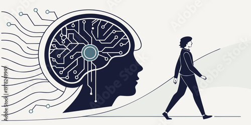 Abstract profile of human head with microchip circuitry pattern and person walking artificial intelligence technology abstract thinking innovation learning computer processor