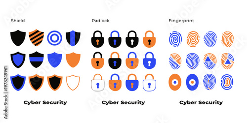 Modern cyber security icon collection of shields padlocks and fingerprint patterns with security protection fingerprint verification internet technology biometric password
