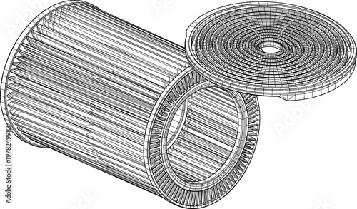 Wireframe cylindrical filter with removable cap showing internal structure and industrial airflow filtration component design visualization